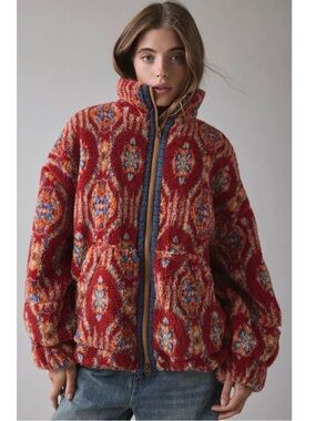 Urban Outfitters BDG Southwestern Geometric Faux Fur Sherpa Jacket Red Medium